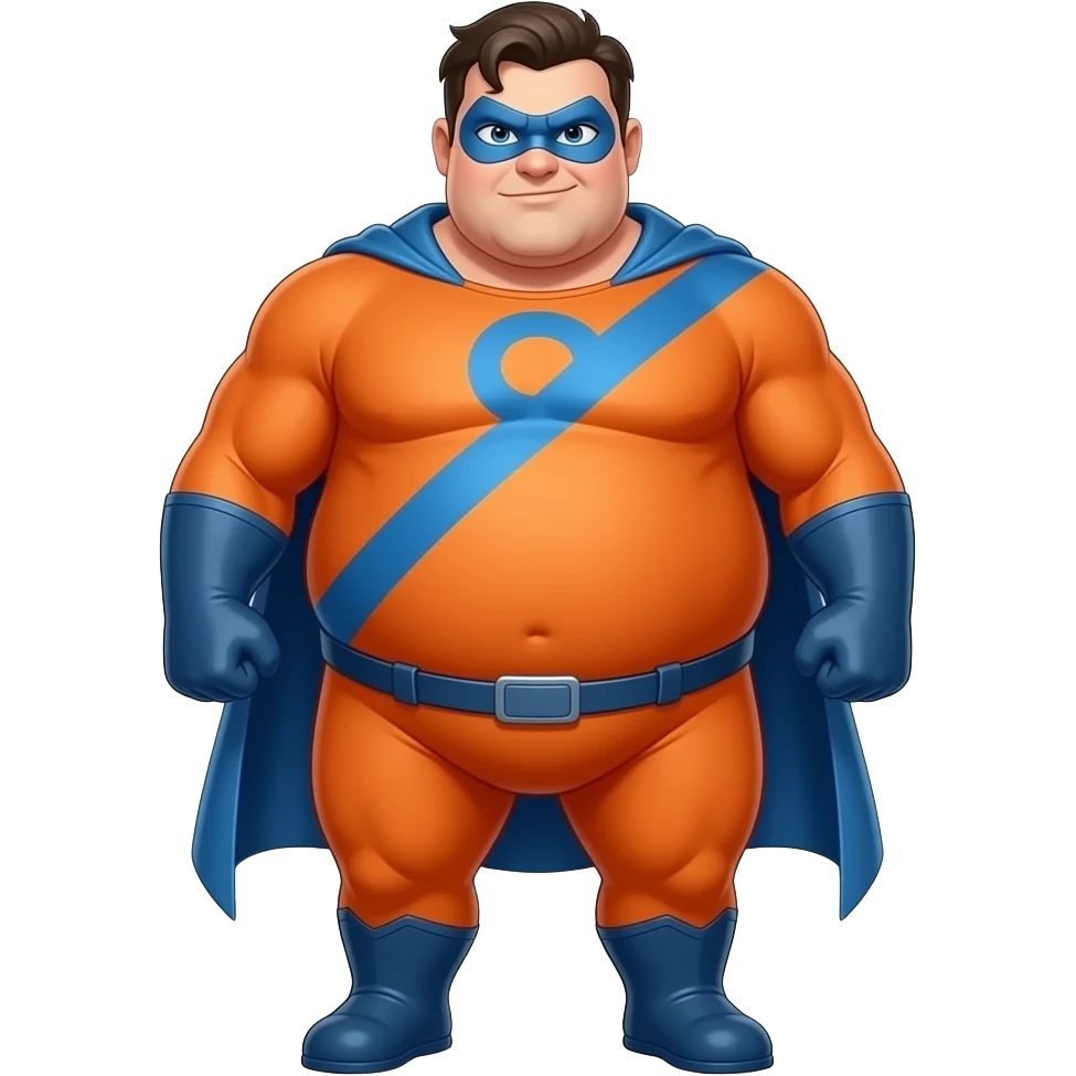 Anime men orange superhero suite very fat blue line blue masks letters O full body emoji