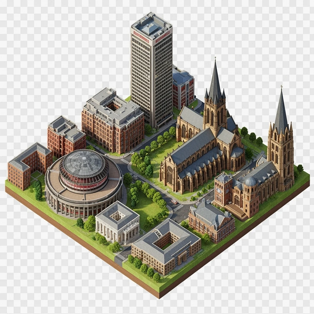 Isometric illustration-model of panorama view Birmingham with photorealistic main buildings, balanced between stylized and realistic, 3D miniature effect, transparent background. emoji