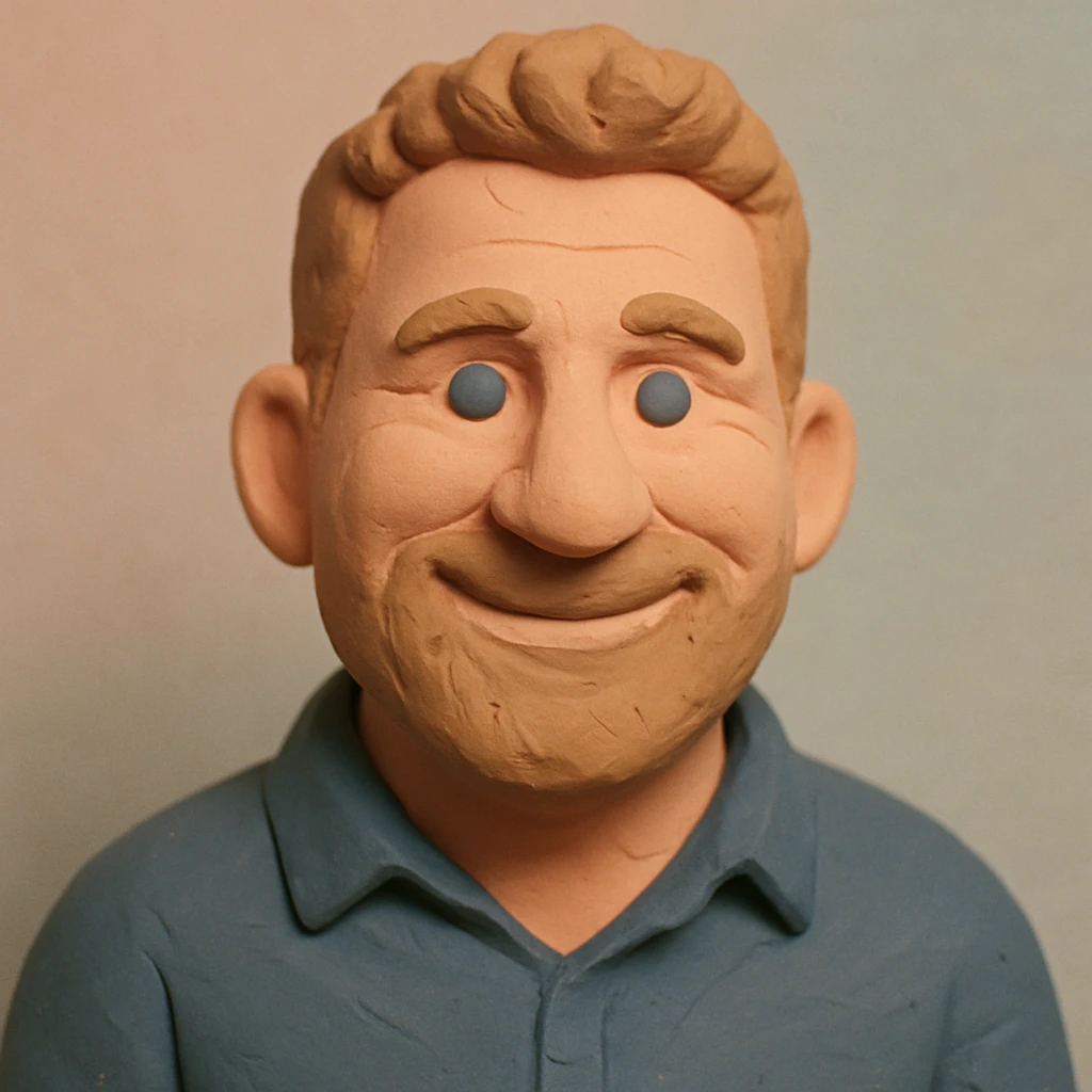 Create a claymation-style portrait emoji based on the person in the reference image, looking a bit younger with a friendly expression. Use pastel colors and ensure visible clay texture. Focus on head and shoulders only. emoji
