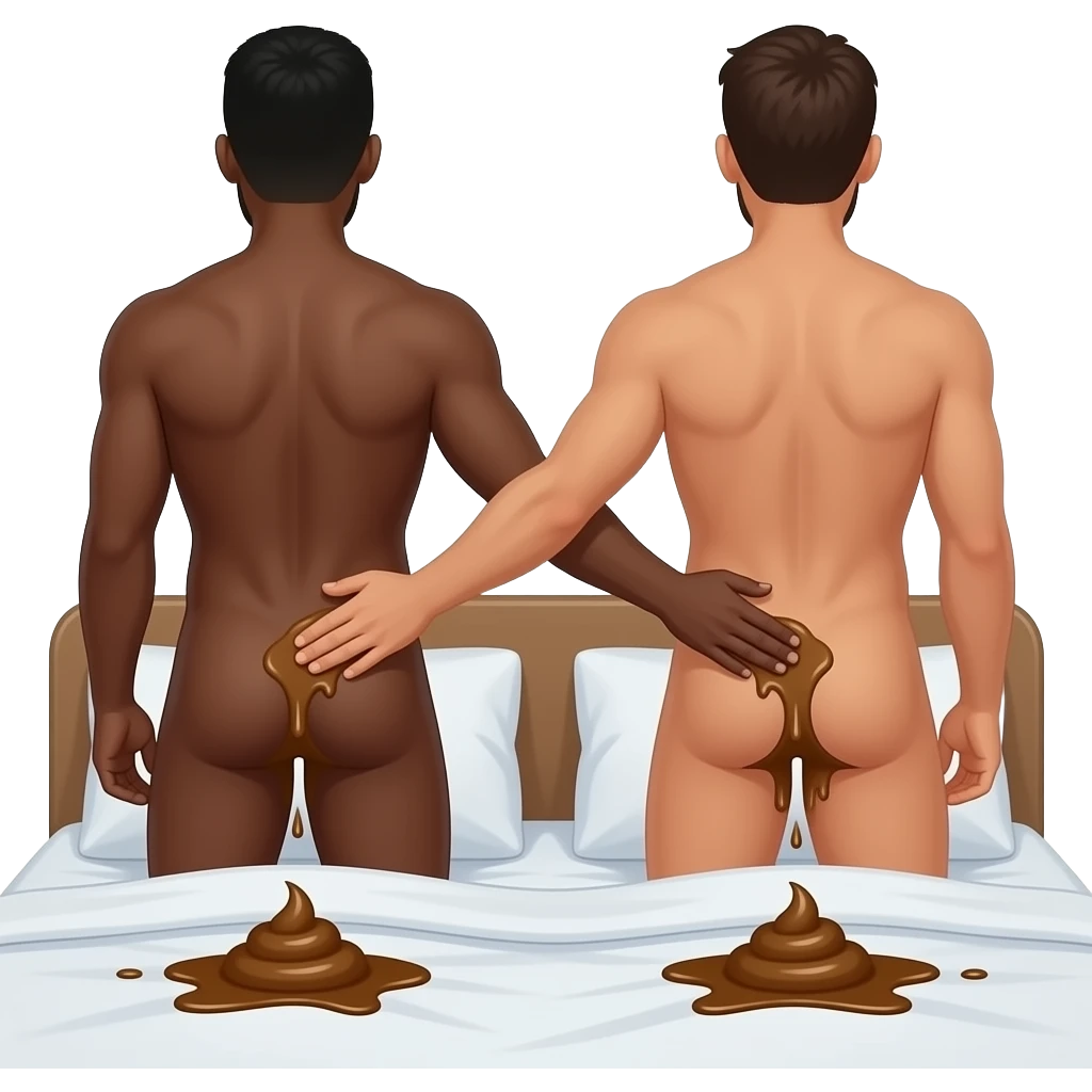 a  naked black man with a brown man touching each others butt with poop dripping on the bed emoji