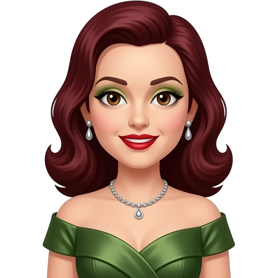 LaVerne Andrews from The Andrews Sisters with brown eyes, long dark red hair, olive eyeshadow, red lipstick, olive metallic off shoulder dress, silver necklace and earrings emoji