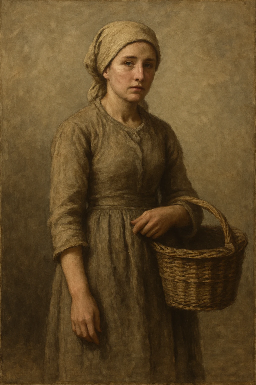 a real peasant woman, 19th century, plain dress, headscarf, carrying a basket, muted colors, realistic style emoji