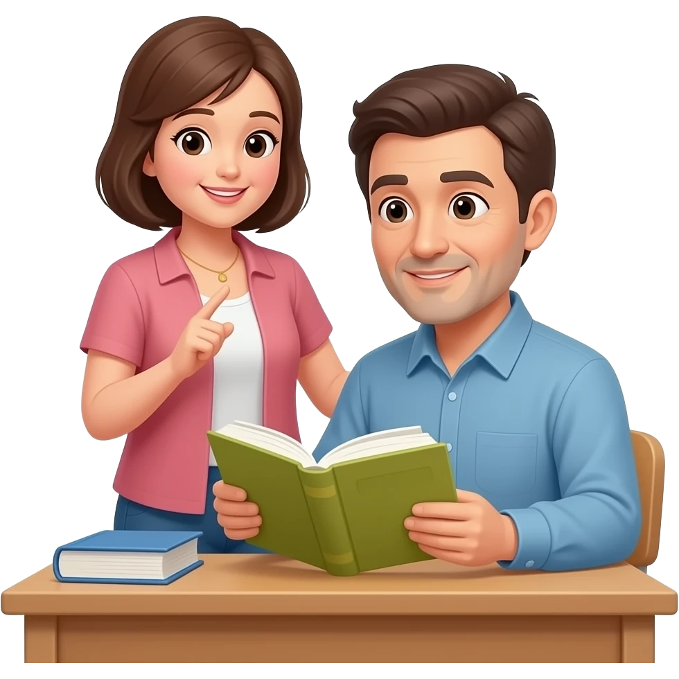 one adult teaching another adult to read sitting at a desk with one book emoji