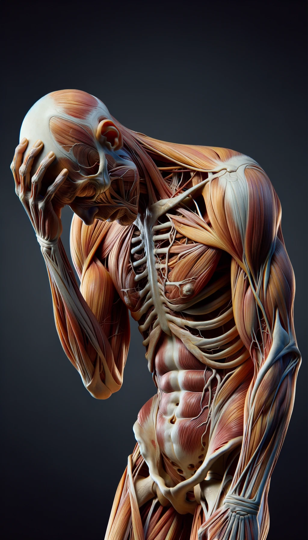 CORPO UMANO ANATOMICO A FIGURA INTERA STANCO CON MANO SULLA FRONTE, IPERREALISTICO 4K emoji