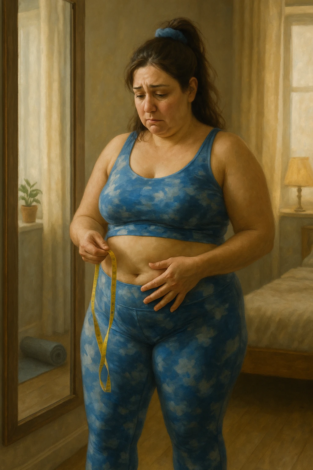 A realistic, cinematic illustration of a woman in her early 30s with a slightly rounded body shape, standing in front of a mirror in a softly lit bedroom, looking at her reflection with a thoughtful, slightly discouraged expression. She is wearing comfortable home workout clothes, holding a tape measure in one hand loosely, while her other hand gently touches her belly area, showing her frustration with slow weight loss progress. The room is cozy, with natural light filtering in, a yoga mat rolled up in the corner, a water bottle, and a small plant on the windowsill. The scene captures the emotional struggle and quiet determination of a woman facing difficulties in losing weight despite her efforts, with warmth and dignity. emoji