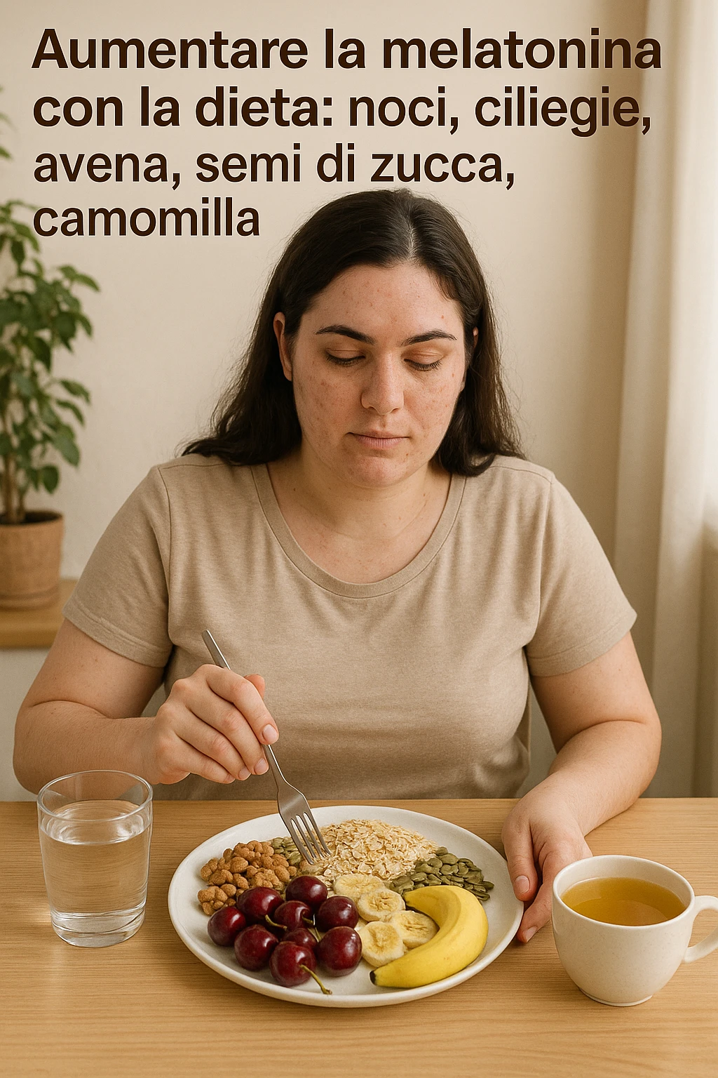 Donna con pcos che cerca di aumentare la sua produzione di melatonina con la dieta immagine realistiche in italiano emoji