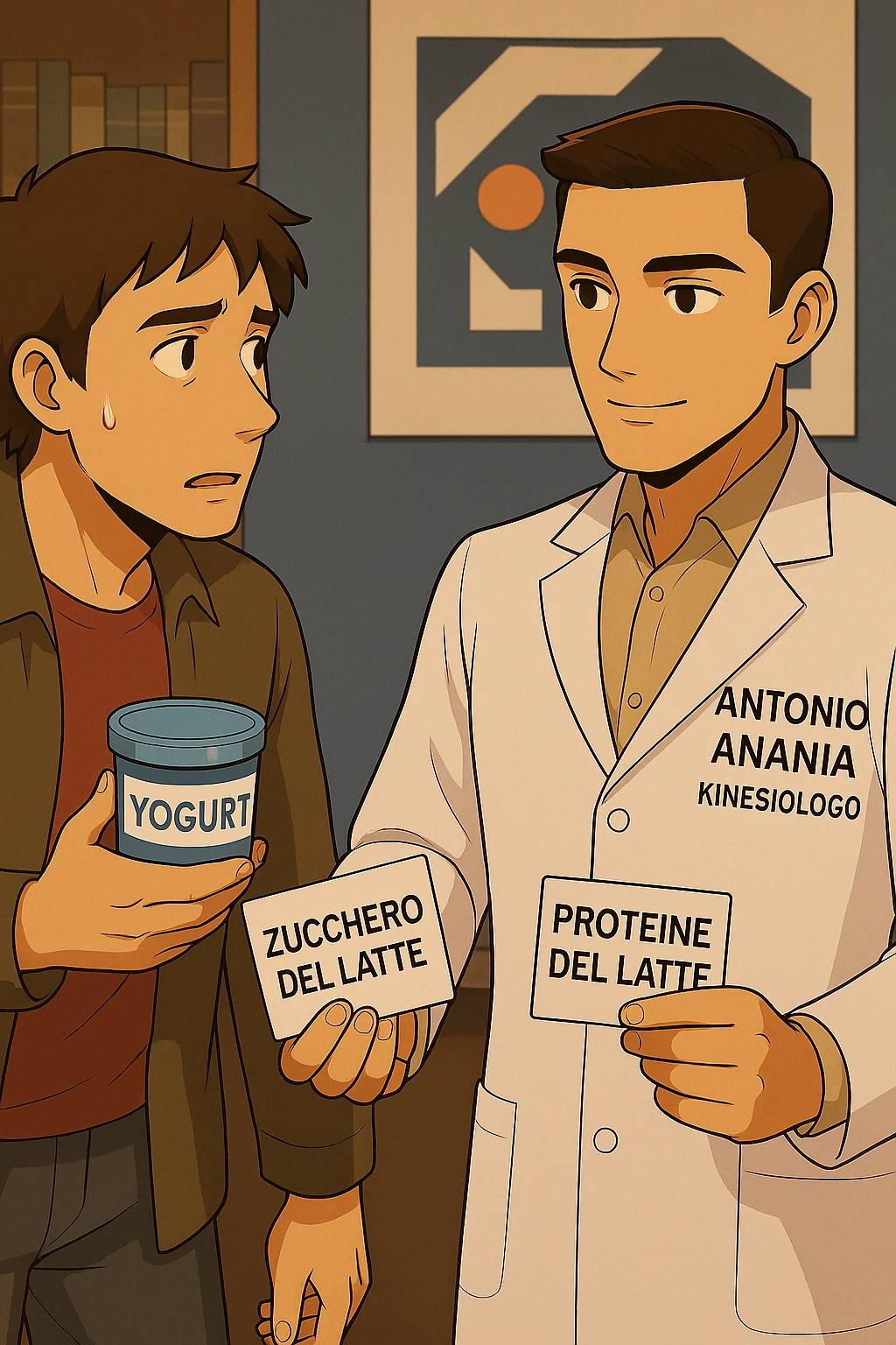 fai un webtoon manga a colori con questo stile, in cui un uomo ASCOLTA Il kinesiologo con il camice bianco (fagli anche la scritta "ANTONIO ANANIA" SUL CAMICE, IL KINESIOLOGO SPIEGA ALL'UOMO UNA COSA TENENDO DUE FOGLIETTINI IN MANO, UNO CON LA SCRITTA "ZUCCHERO DEL LATTE" E UNA CON LA SCRITTA "PROTEINE DEL LATTE". L'UOMO OSSERVA LO YOGURT CHE HA IN MANO CON ESPRESSIONE DUBBIOSA IN VOLTO. non fare i fumetti però, fai solo in modo che sembri stiano parlando emoji