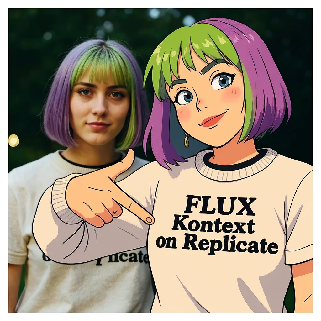 make a image of a girl with a anime version of that girl beside her wearing tshirt with text of "FLUX Kontext", avoid replicate emoji
