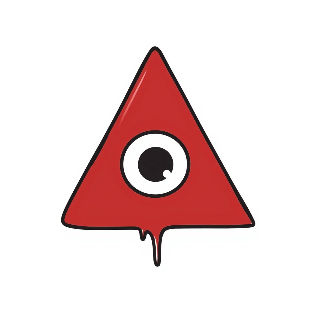 blood-red triangle with a glowing eye inside, symbol of FOE, hand-drawn black doodle style emoji