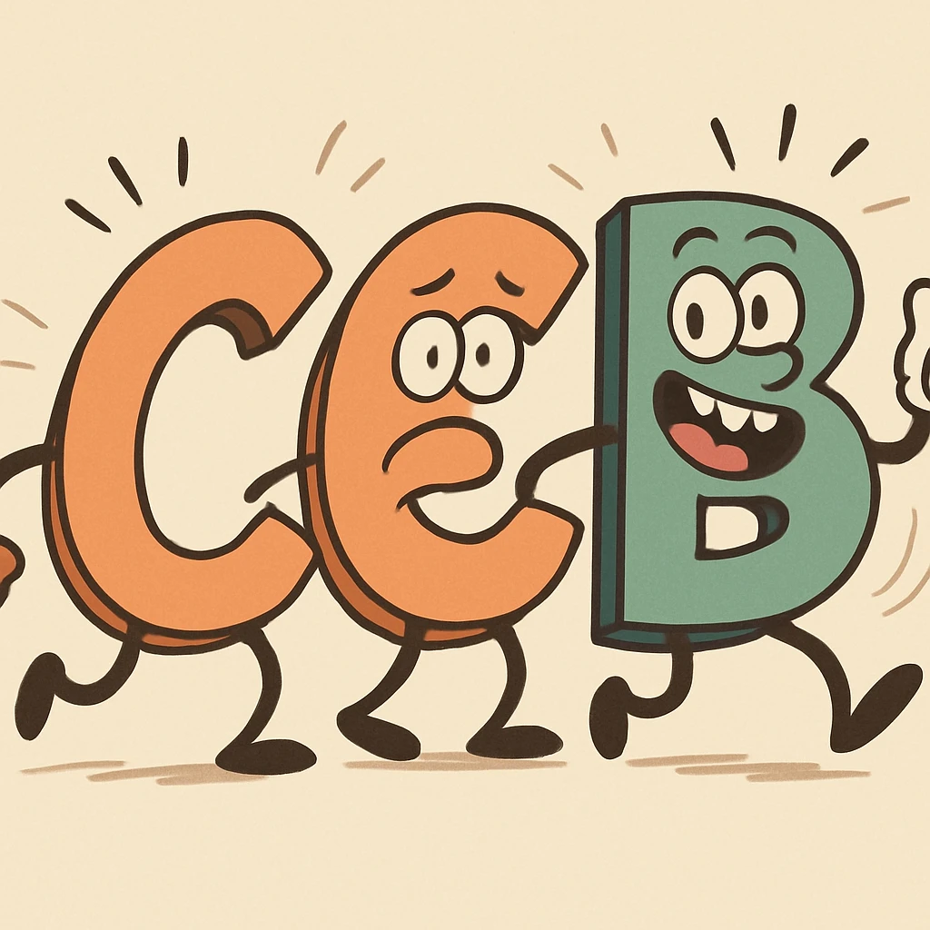 letters CCB in a cartoon animated style, with bouncy, energetic movement effects emoji