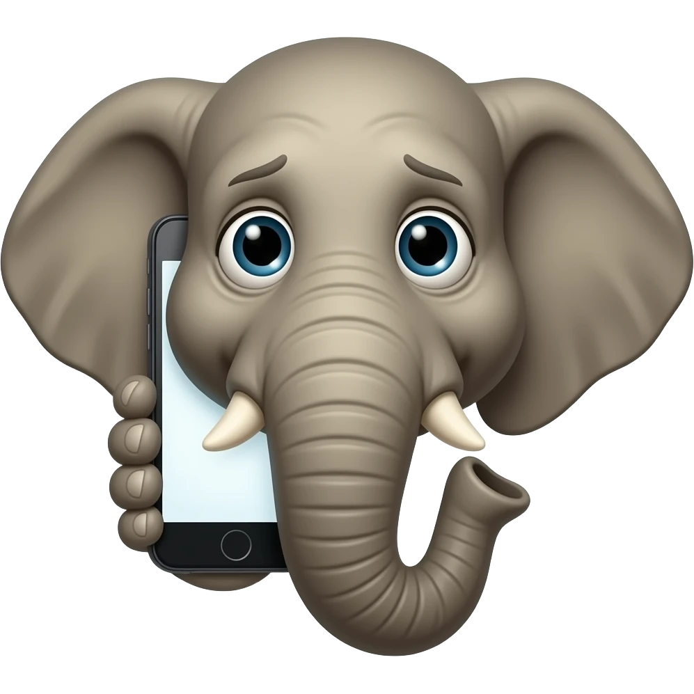 elephant face holding a smartphone on the trunk up in the ear talking on the phone. worried face emoji
