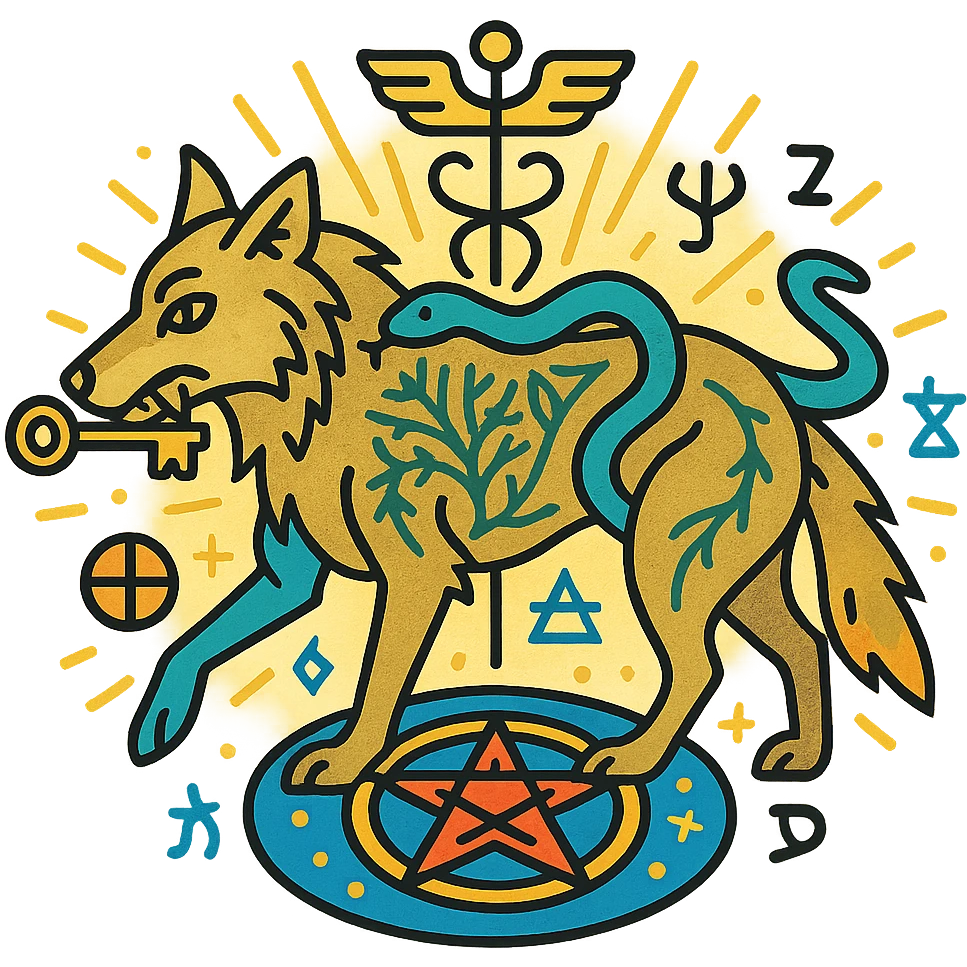 icon-style logo for 'الذيب المترنح' featuring a staggering wolf with uneven steps, key in its mouth symbolizing Gnosticism, serpent coiled around its body, Tree of Life subtly integrated into fur or background representing Kabbalah, faint caduceus staff behind the wolf for Hermetic philosophy, magic circle with pentagram beneath its paws for occult science, palette of gold silver bright blue green red orange with glowing shiny high contrast effects, wolf surrounded by radiant light, subtle Hebrew letters and esoteric symbols, clean lines, balanced, vector-friendly for all sizes and backgrounds emoji
