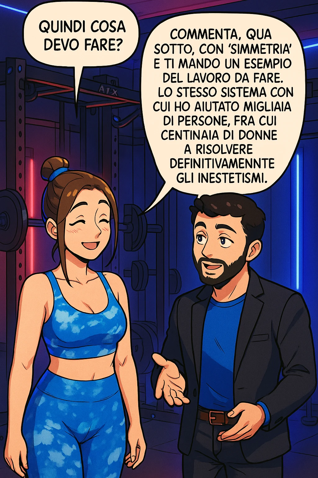 TRASFORMA QUESTO CAROSELLO IN UN FUMETTO STILE WEBTOON/MANGA A COLORI CON QUESTE DUE PERSONE IDENTICHE CHE INTERLOQUISCONO TRA LORO, LA DONNA SEMBRA SOLLEVATA/SODDISFATTA E CONTENTA:

LEI (DONNA): Quindi cosa devo fare?
LUI (UOMO): Commenta, qua sotto, con “simmetria” e ti mando un esempio del lavoro da fare. Lo stesso sistema con cui ho aiutato migliaia di persone, fra cui centinaia di donne a risolvere definitivamente gli inestetismi. emoji