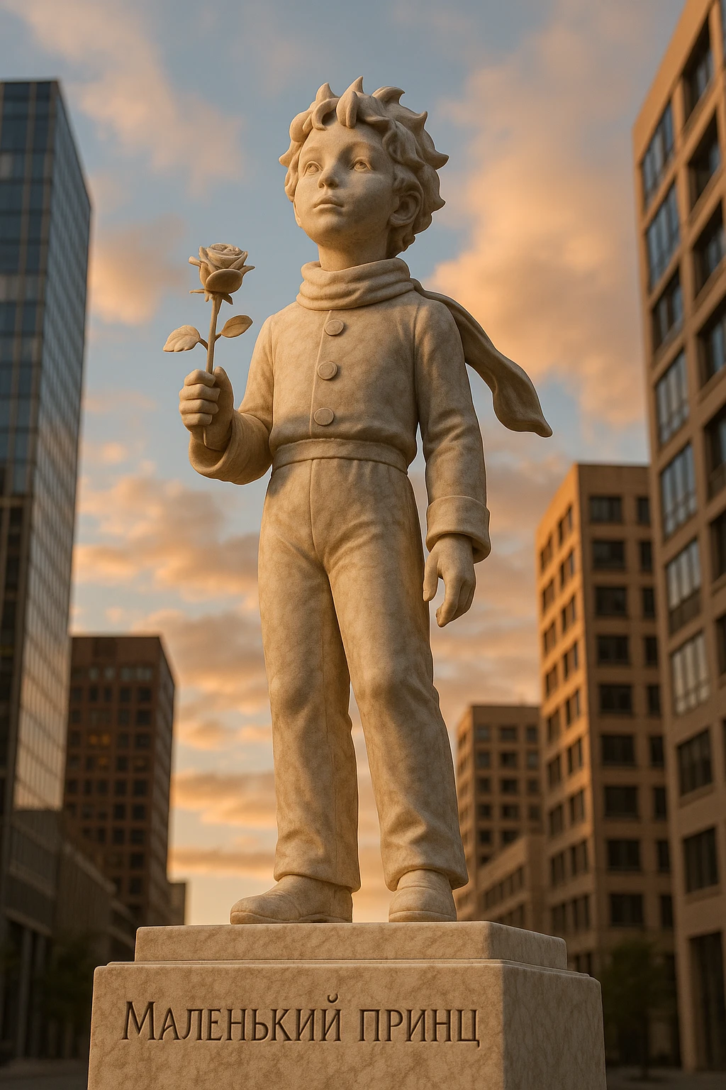 Full-length marble sculpture of the Little Prince holding a rose, set in a modern city. The pedestal is engraved with 'Маленький принц'. Ultra-realistic, sunset, view from below. emoji