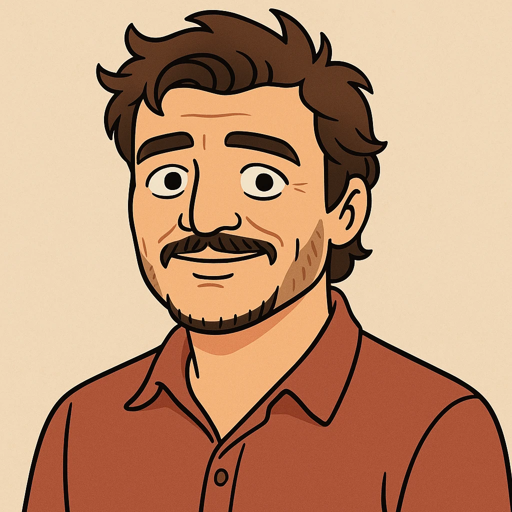 cartoon style portrait of Pedro Pascal with friendly expression emoji