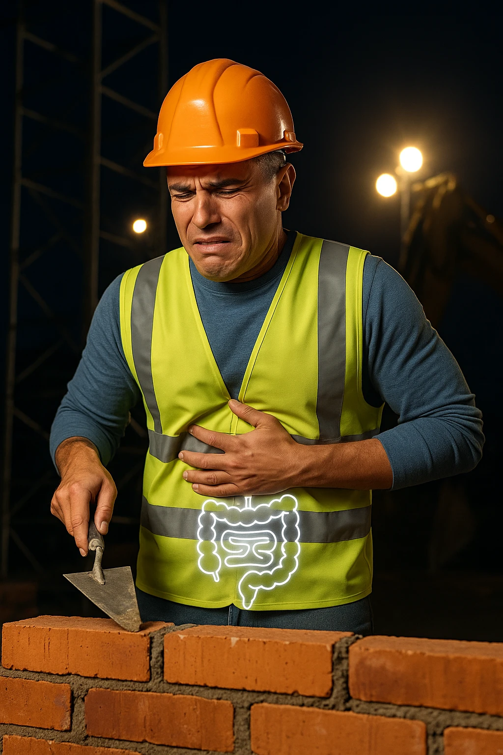 a construction worker in a reflective vest and hard hat is laying bricks at a nighttime construction site, illuminated by strong work lights. He pauses, one hand on his abdomen with a pained or uncomfortable expression, while the other holds a trowel. In the background, scaffolding and machinery are visible under the night sky. Subtle icons or overlays highlight digestive organs, suggesting the need for intestinal balance. emoji