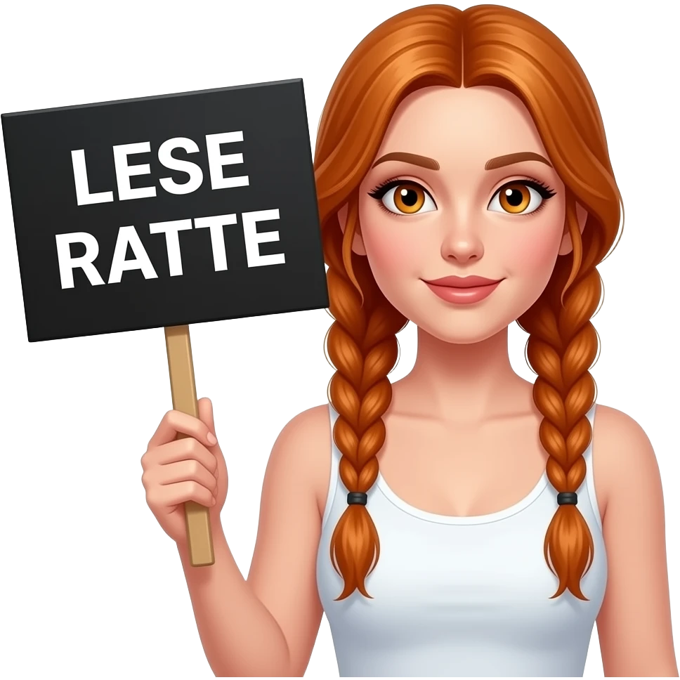 sexy girl with long ginger braids and ginger eyes wearing a white tanktop is holding a black sign with LESE RATTE written on it emoji