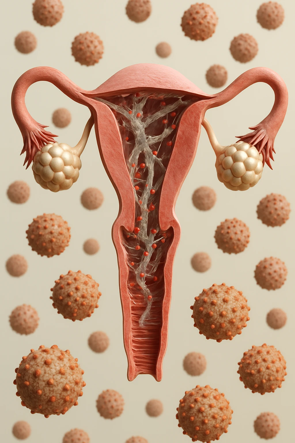 utero umano realistico con batteri della candida intorno, la foto si deve vedere per intero in formato verticale, sullo sfondo neutro chiaro ci sono batteri della candida, iperrealistico 4k emoji