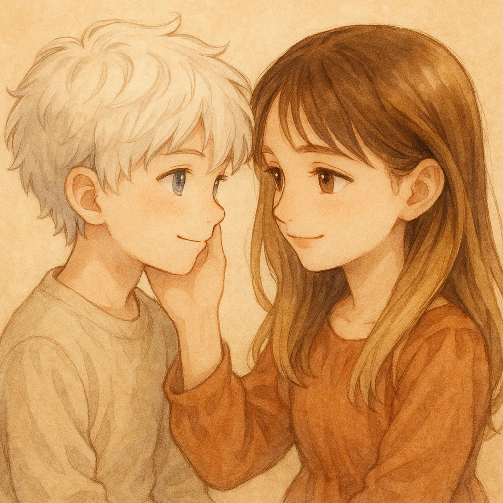 A white-haired, blue-eyed boy admiring a brunette-blonde girl with brown eyes, both with gentle expressions and a loving gaze. emoji