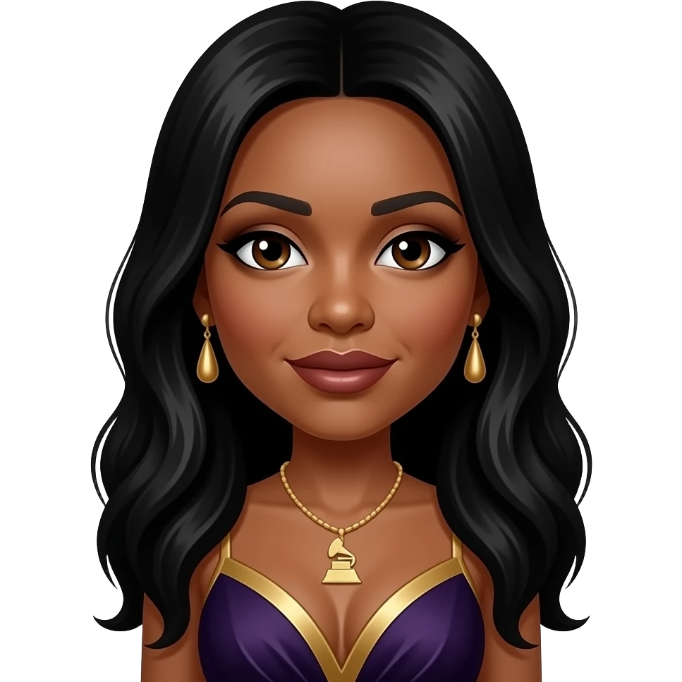 Cheryl "Coko" Gamble from SWV with dark brown eyes, long black hair, dark brown eyeshadow and lipstick, dark purple and gold grammy dress, necklace and earrings emoji