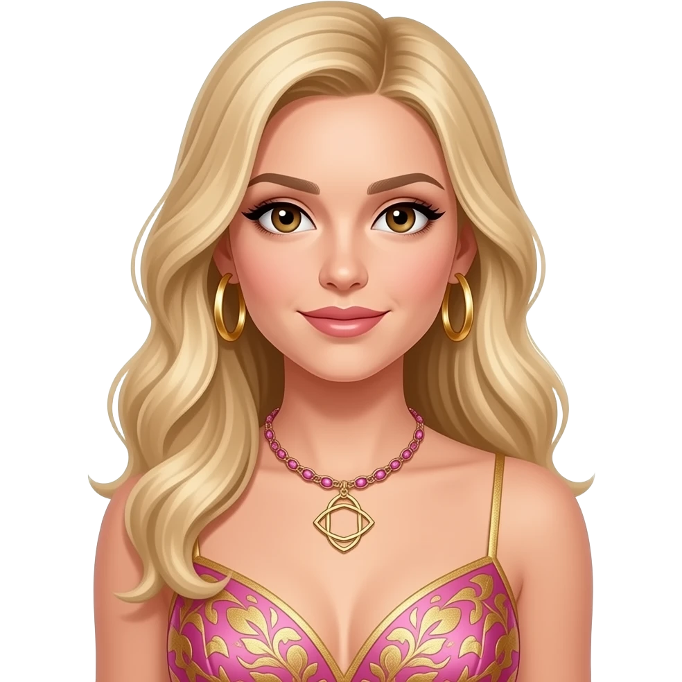 A blond hair brown eyes women and a super elegant, pink and gold dress with hoop, gold earrings and a Kendra Scott pink necklace emoji