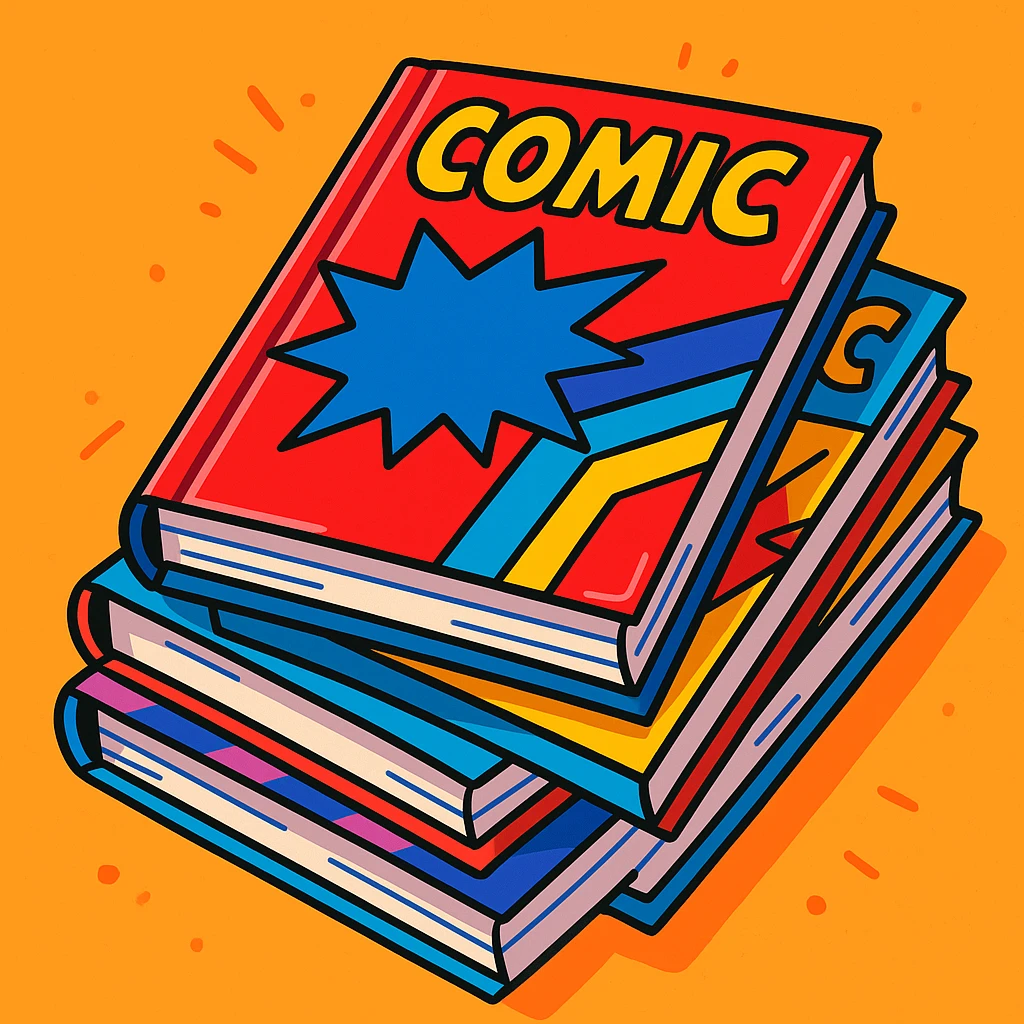 stack of comic books in vibrant cartoon style, glossy covers, energetic vibe emoji