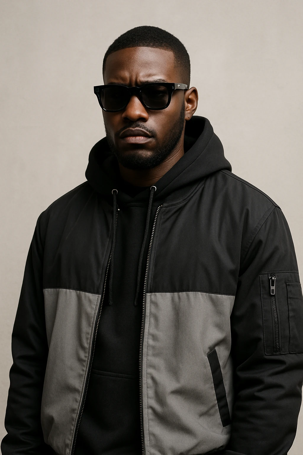 black man with sunglasses, serious expression, modern streetwear, neutral background emoji