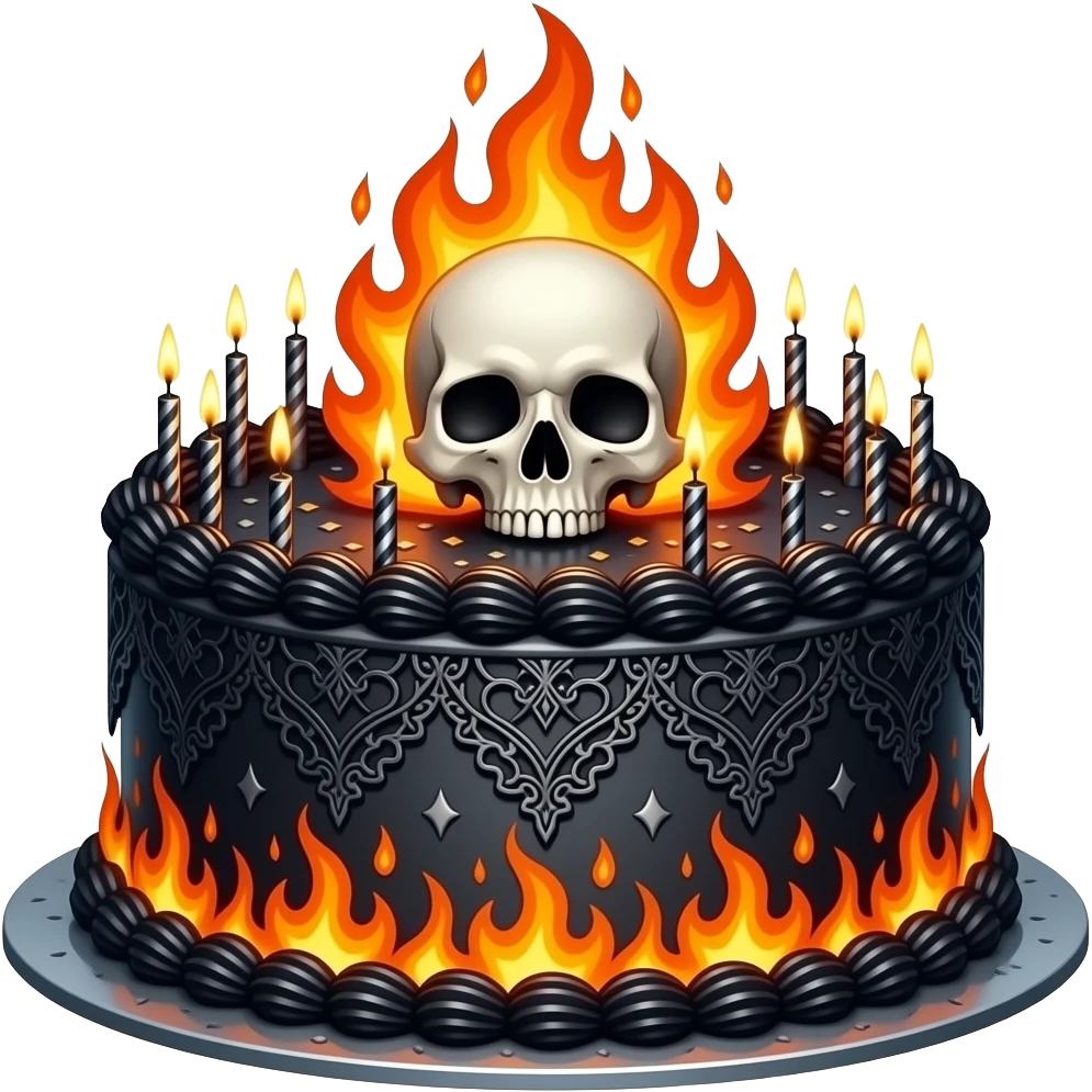 Gothic birthday cake with a whole sckull on top  on fire. Realistic. Fantasy. emoji