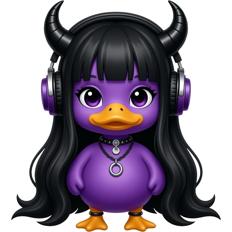 purple duck with DJ horns, black horns on the headset make it goth but a girl long black hair go back to the last pic and add long black hair to the duck emoji