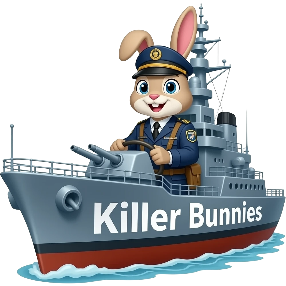 bunny in navy fatigues driving a war ship text Killer Bunnies on bow emoji