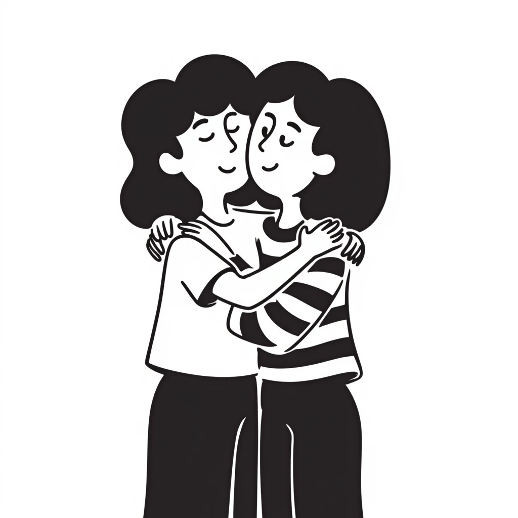 two girls hugging, hand-drawn doodle style emoji