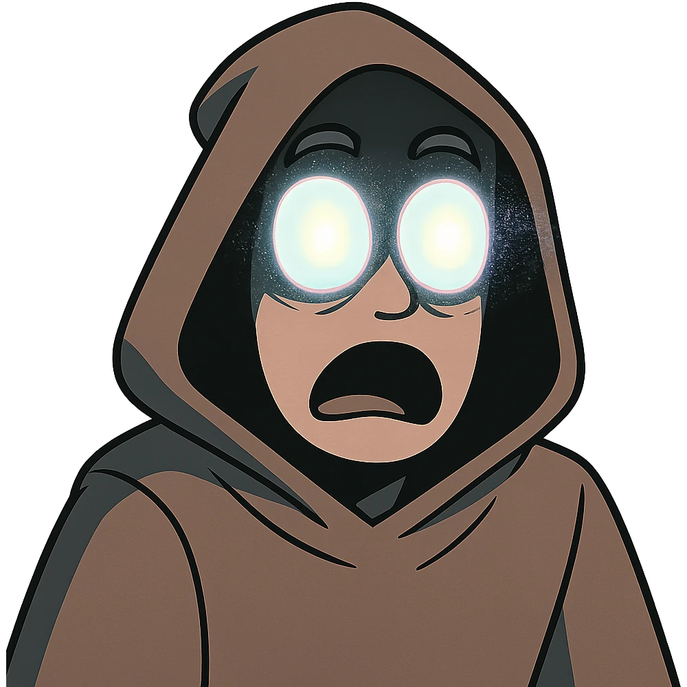 A close-up of a mysterious hooded figure with wide, glowing eyes shining brightly from under the shadow of the hood. The expression looks shocked or amazed, with subtle glitch or aura effects around the eyes. emoji