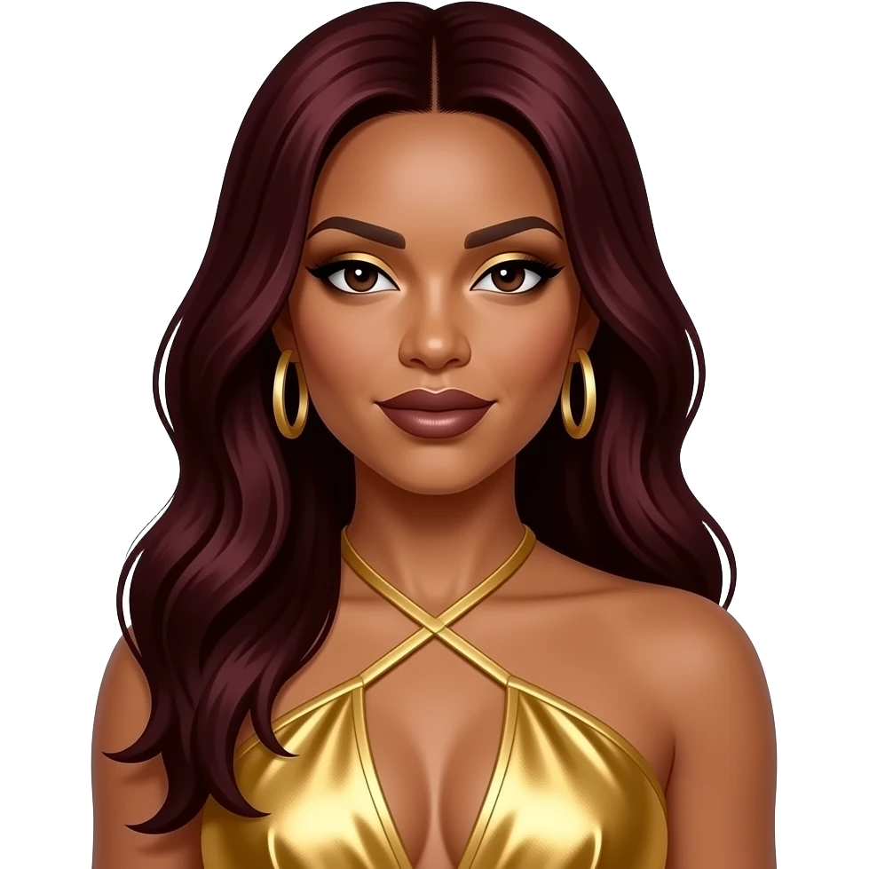 LaTavia Robeson from Destiny's Child with dark brown eyes, long dark red hair, gold eyeshadow, dark brown lipstick, gold metallic halter dress, gold earrings emoji