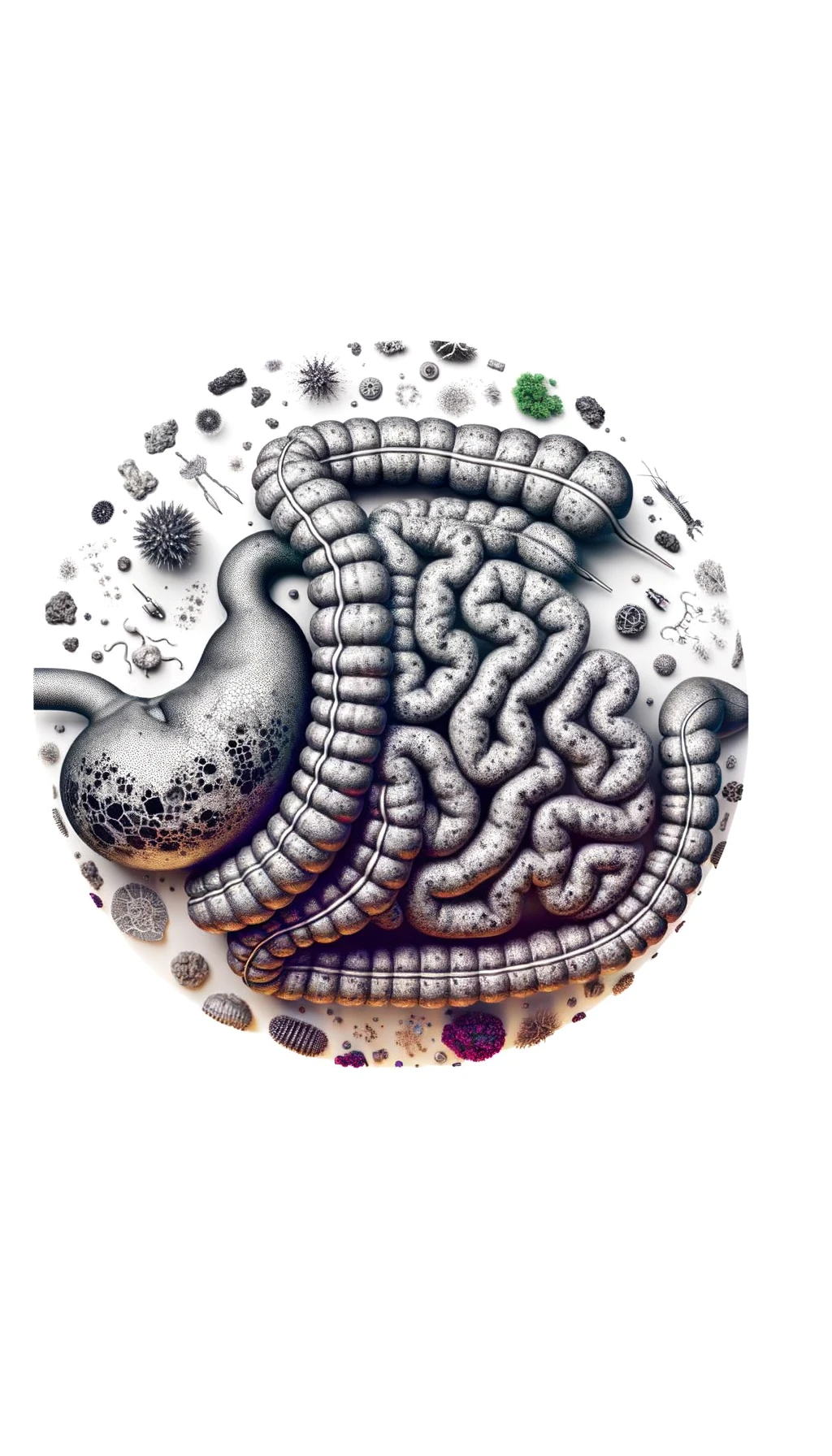 corpo umano anatomico con intestino in evidenza con la testa sul cuscino e gli occhi chiusi perché sta dormendo, visto dall'alto, iperrealistico 4k, isolato su sfondo bianco emoji
