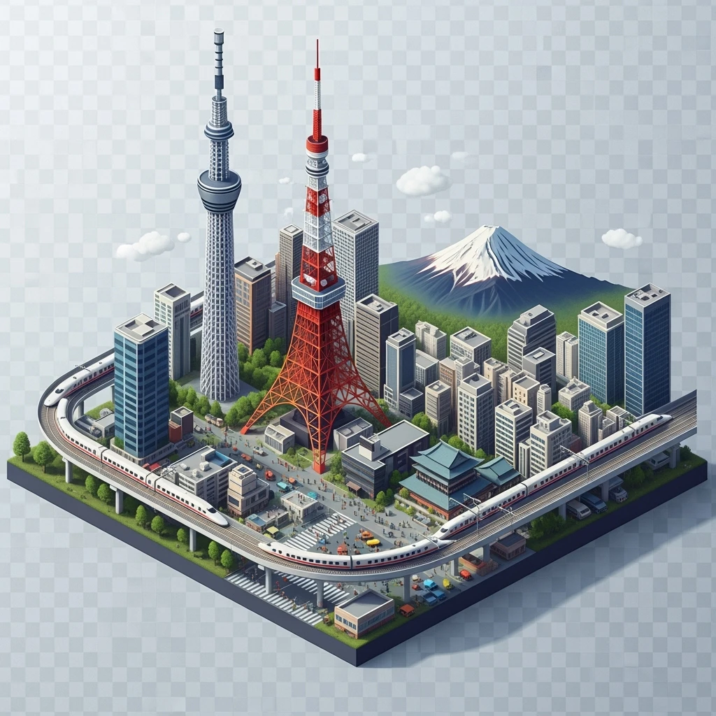 Isometric illustration of Tokyo, with Tokyo Tower, Skytree, Shibuya Crossing, Mount Fuji in background, high-speed trains, subtle 3D miniature effect and Tilt Shift effect, no cartoonish look, transparent background. emoji