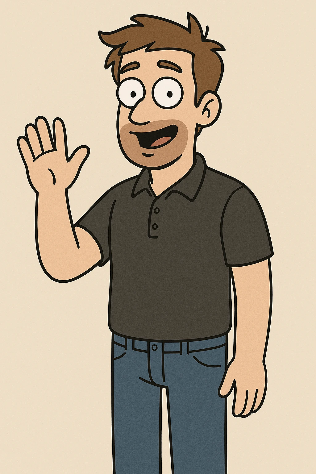 A man and light brown hair Dark Grey Pique Polo Shirt blue jeans hand to say hello emoji