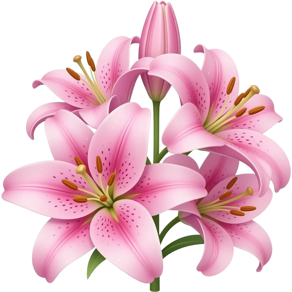 A cluster of vibrant pink lilies in full bloom, featuring prominent golden anthers and delicate speckled petals with iridescent sparkles. The image has a whimsical, retro aesthetic with a shimmering glitter overlay and a clean, transparent background emoji