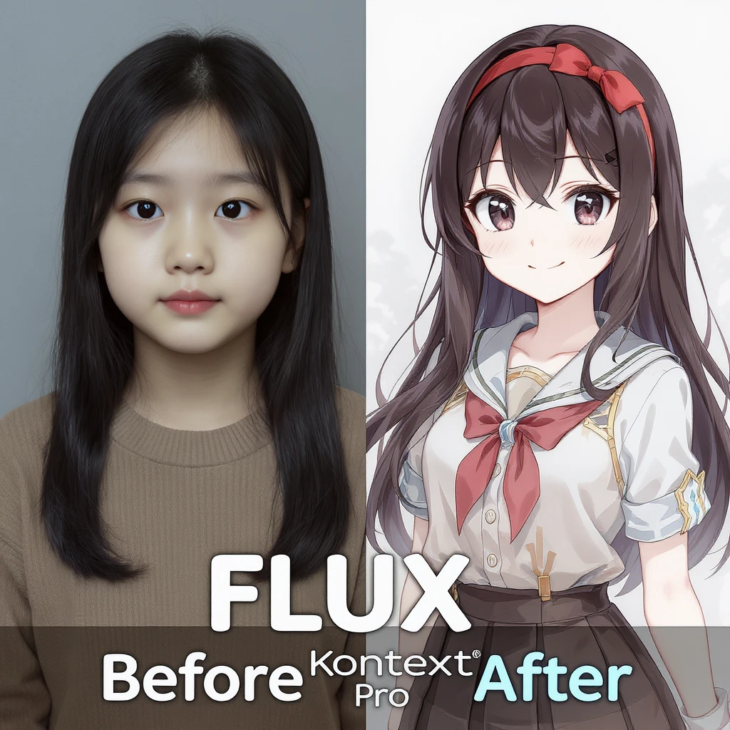 create before after image of a girl before is realsitic photo, after is anime version of her in same pose and clothes, add logo with text of a "FLUX Kontext Pro" emoji