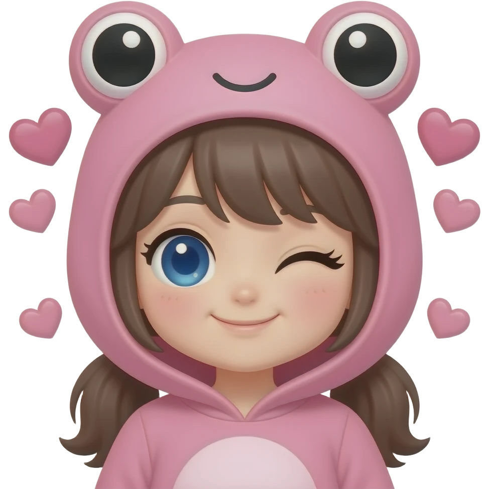 Anime girl with blue eyes, wearing a pink kawaii frog costume on, Winking, with hearts around the head emoji