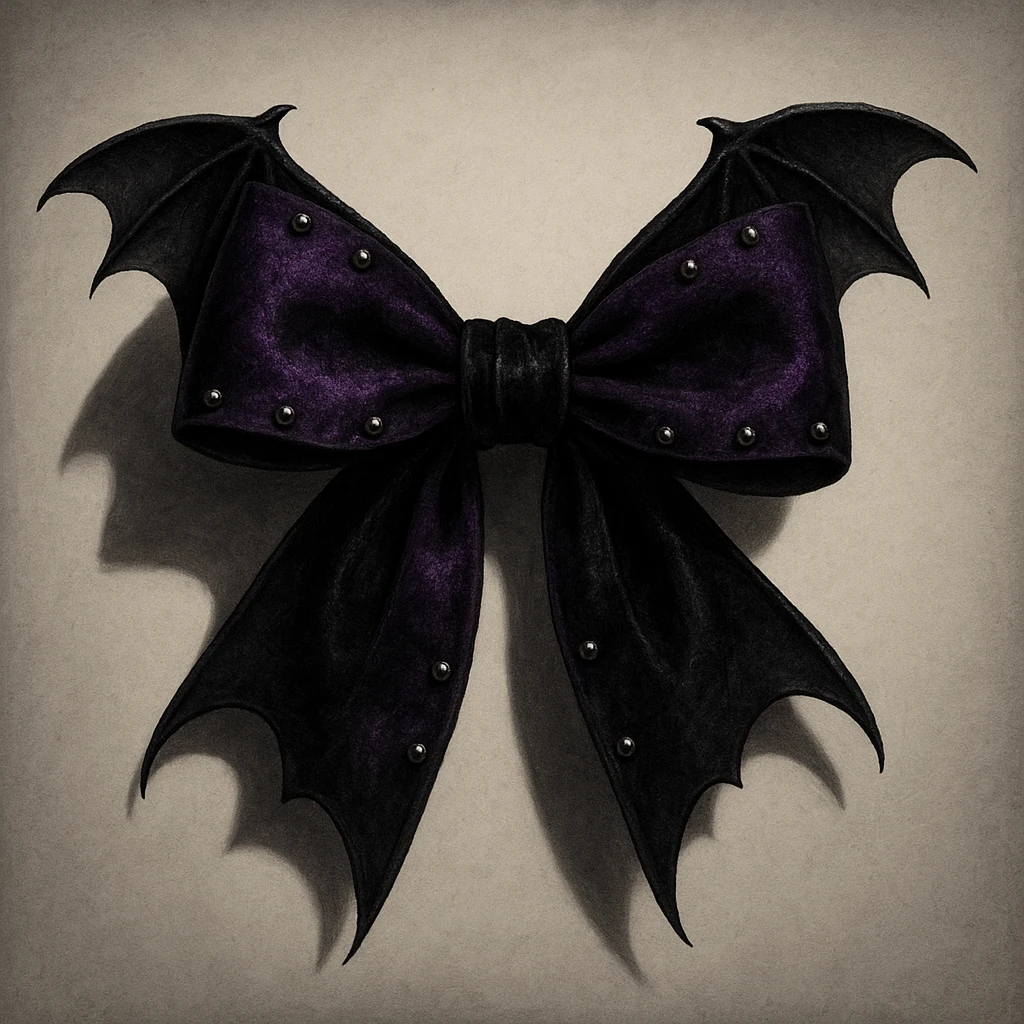 goth bow with velvet texture, deep purple and black, silver studs, dramatic shadows, bat wings emoji