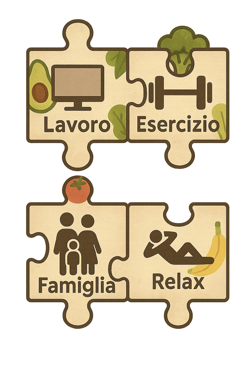 Puzzle (Lavoro, Esercizio, Famiglia, Relax), in lavoro metti icona di un PC, in Esercizio un Manubrio, in Famiglia una famiglia, in Relax qualcuno che riposa and healthy foods are integrated into each piece. in italiano emoji