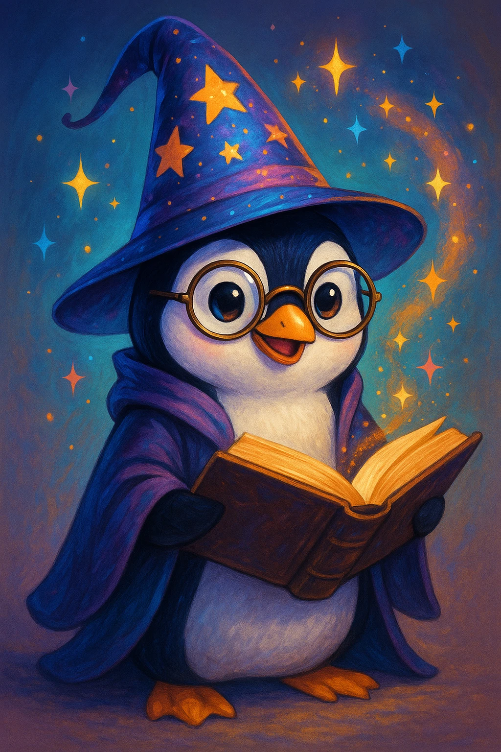 a playful penguin wizard with glasses, a spellbook, and a sparkling hat, in a modern digital art style emoji