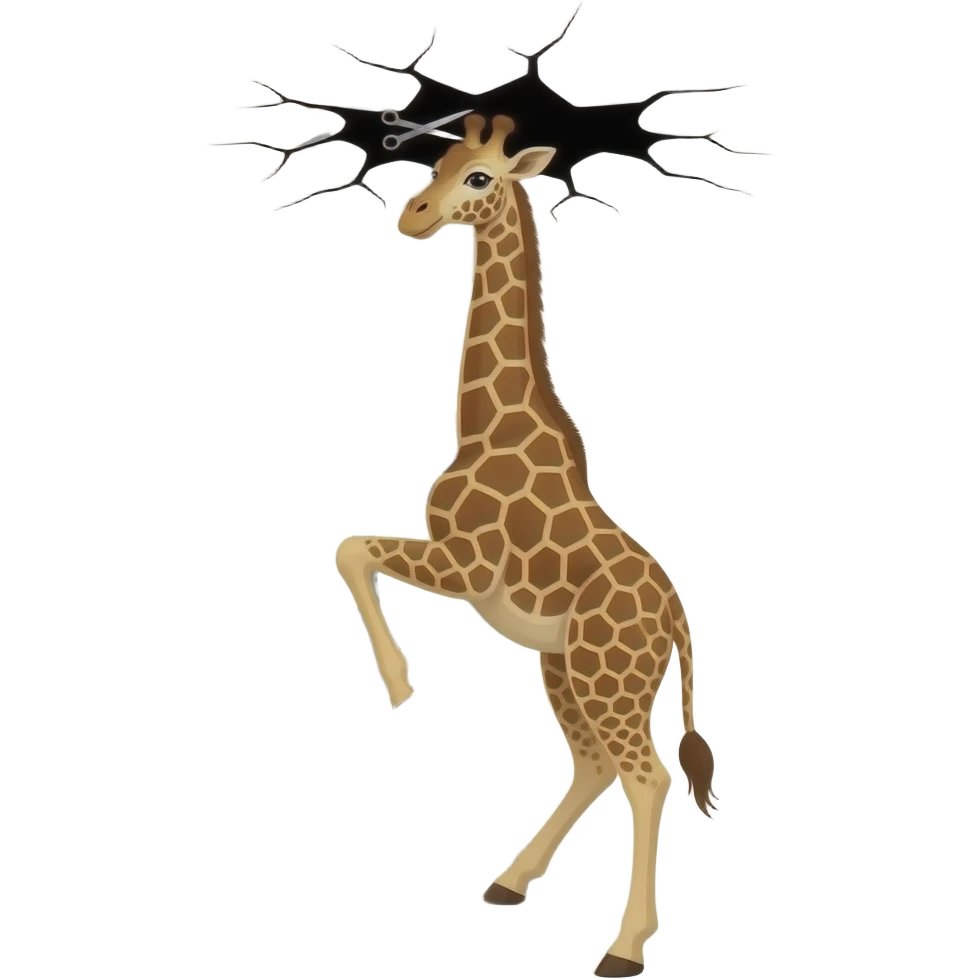 Giraffe to go in the beauty hair salon break the ceiling and roof climb the ladder to cut his hair emoji