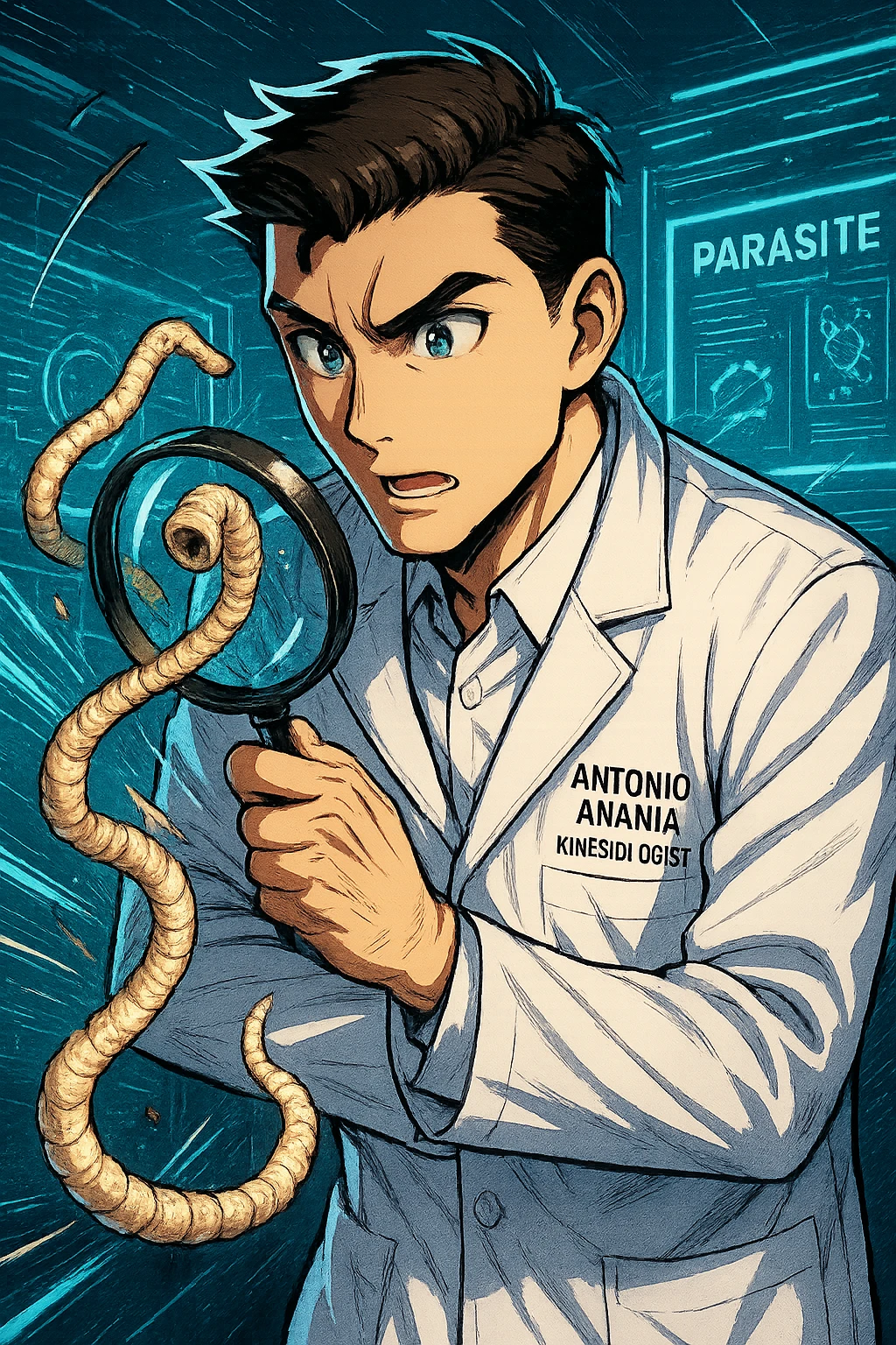 A dynamic manga/webtoon-style illustration of a young male kinesiologist wearing a clean white lab coat, analyzing light beige worms like a tapeworm under a magnifying glass. His expression is focused and slightly intrigued, with sharp, detailed eyes. The art style is vibrant, with bold linework, rich colors, and dramatic lighting. The background is a futuristic laboratory with glowing holographic screens displaying parasite data. The tapeworm is intricately drawn, slimy and segmented, with a slightly exaggerated yet realistic texture. The composition is dynamic, with motion lines or energy effects to emphasize his scientific investigation. The atmosphere is intense but not dark, keeping a balance between scientific seriousness and stylish manga aesthetics, he has "ANTONIO ANANIA" WRITTEN ON WHITE LAB COAT emoji