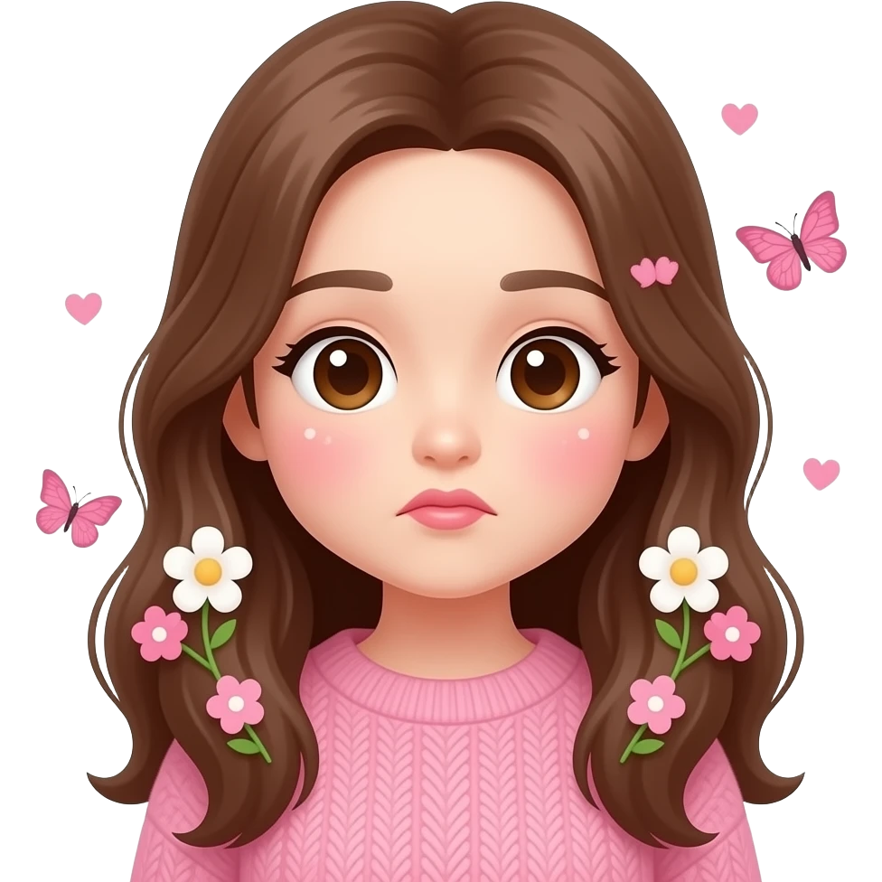 Cute kawaii girl emoji, long brown hair, pink sweater, blushing cheeks, pout lips, flowers and butterflies, pastel aesthetic, soft lighting emoji