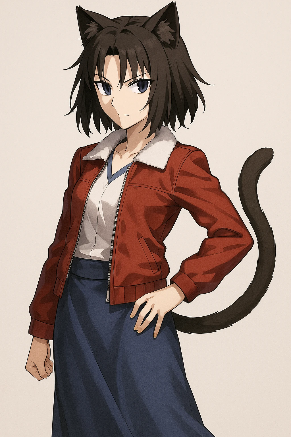 Ryougi Shiki with cat ears and cat tail, wearing her red jacket, confident pose emoji