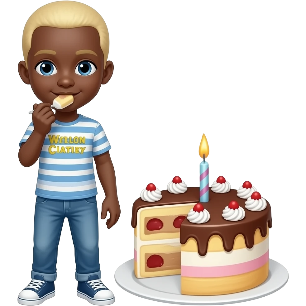Black man with shaved head and blonde eating cake together emoji