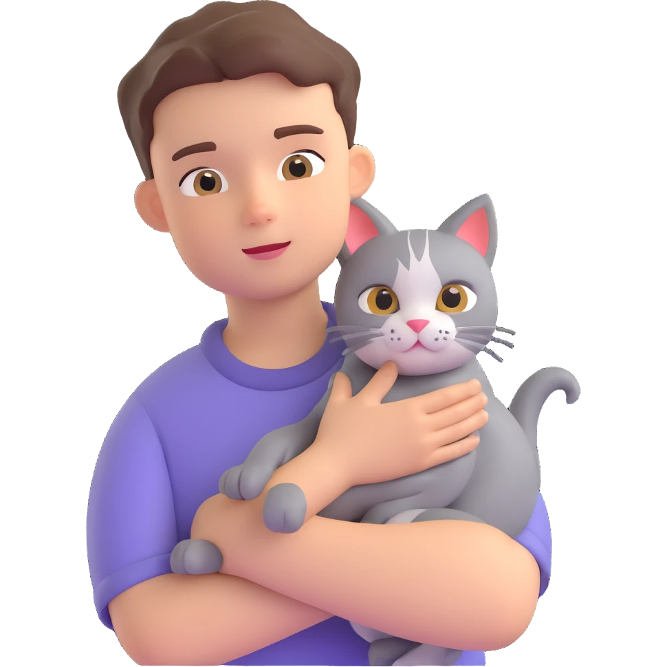 boy and cat pet in forrest background, close up pose emoji