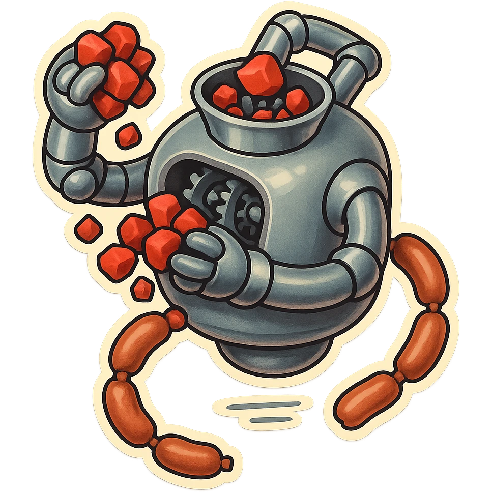 hovering robot. stuffs material into large hole on its top with arms. hole is where neck and head would be. spinning gears and blades  grind red chunks. sausage links come our of hole on backside.  3/4 view. between realism and cartoon. well lit. no dramatic lighting. metallic robot. works diligently. dark humor emoji