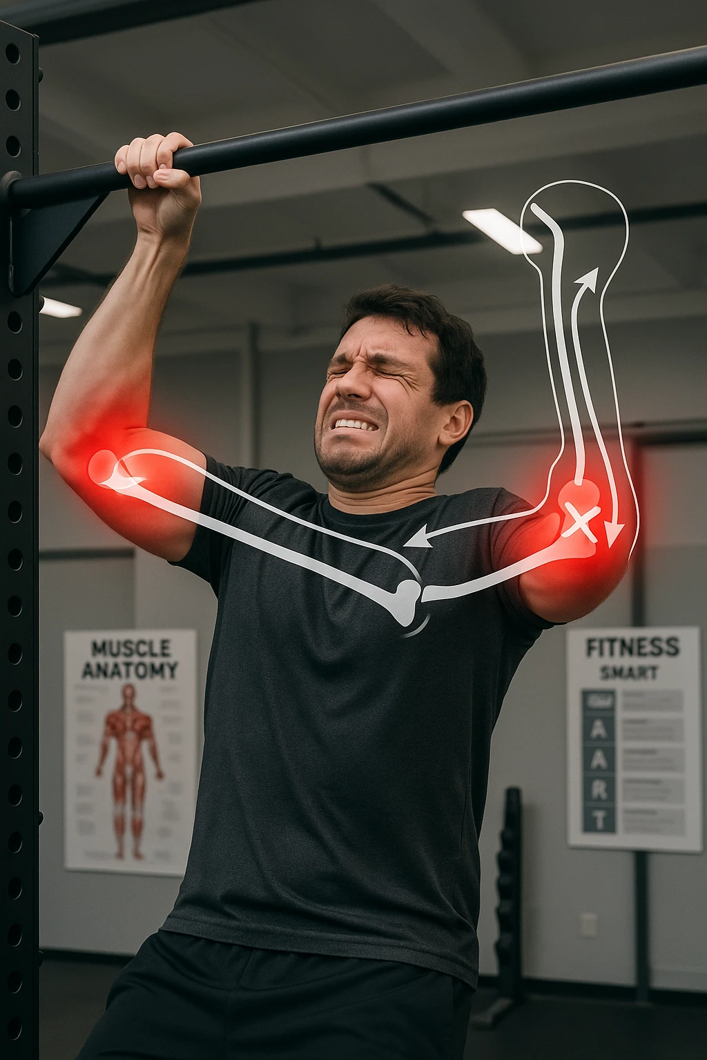 a man in gym clothes esegue una trazione alla sbarra con una tecnica visibilmente scorretta—gomiti troppo larghi o polsi piegati in modo innaturale. I gomiti sono evidenziati con un alone rosso acceso per indicare dolore o infiammazione. Un diagramma trasparente mostra le forze errate applicate sull’articolazione. La scena è ambientata in una palestra moderna, con poster educativi sullo sfondo. emoji
